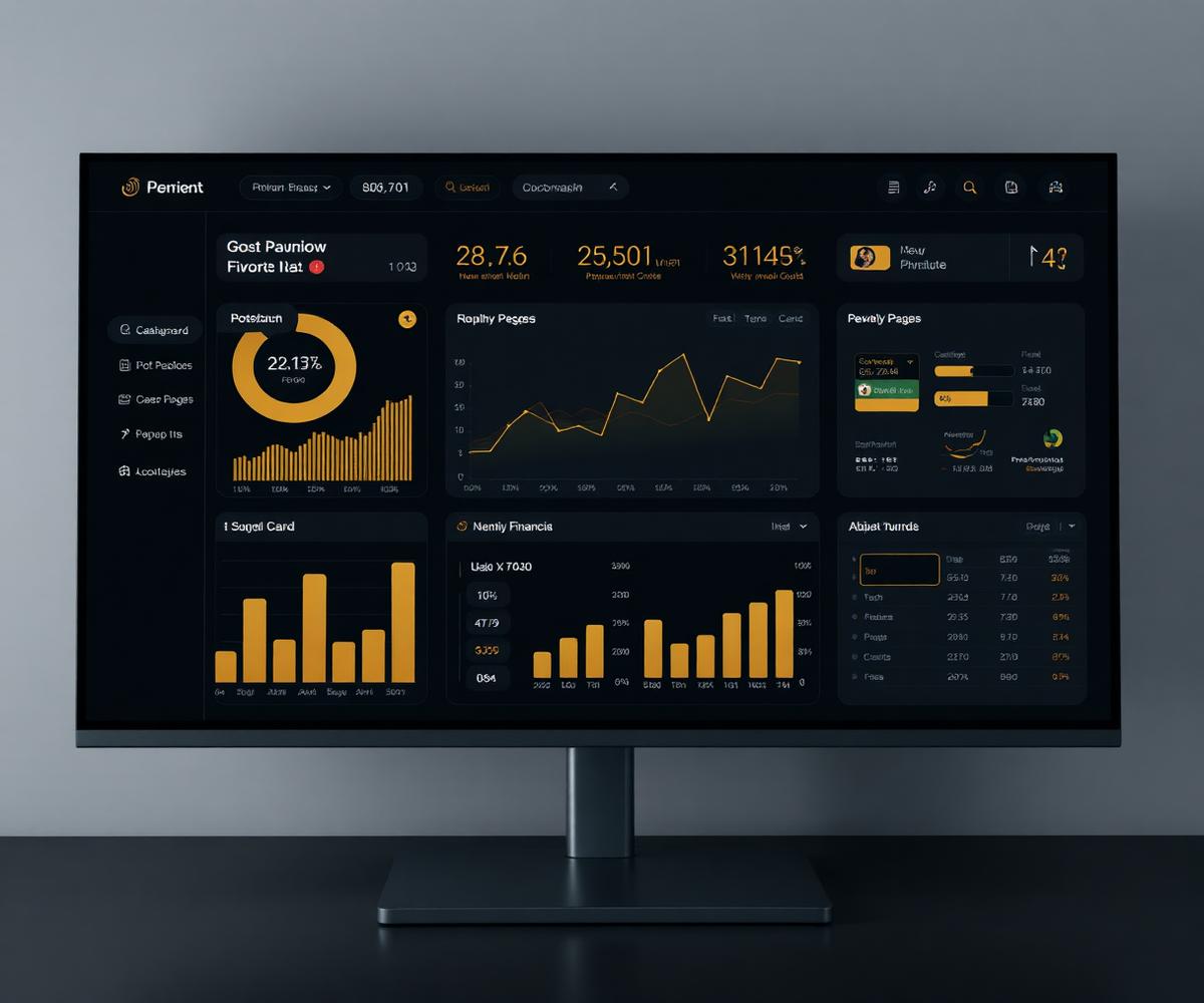 Dark financial dashboard interface concept on a monitor
