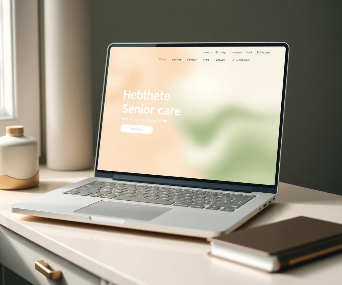 Warm senior care website design shown on a laptop