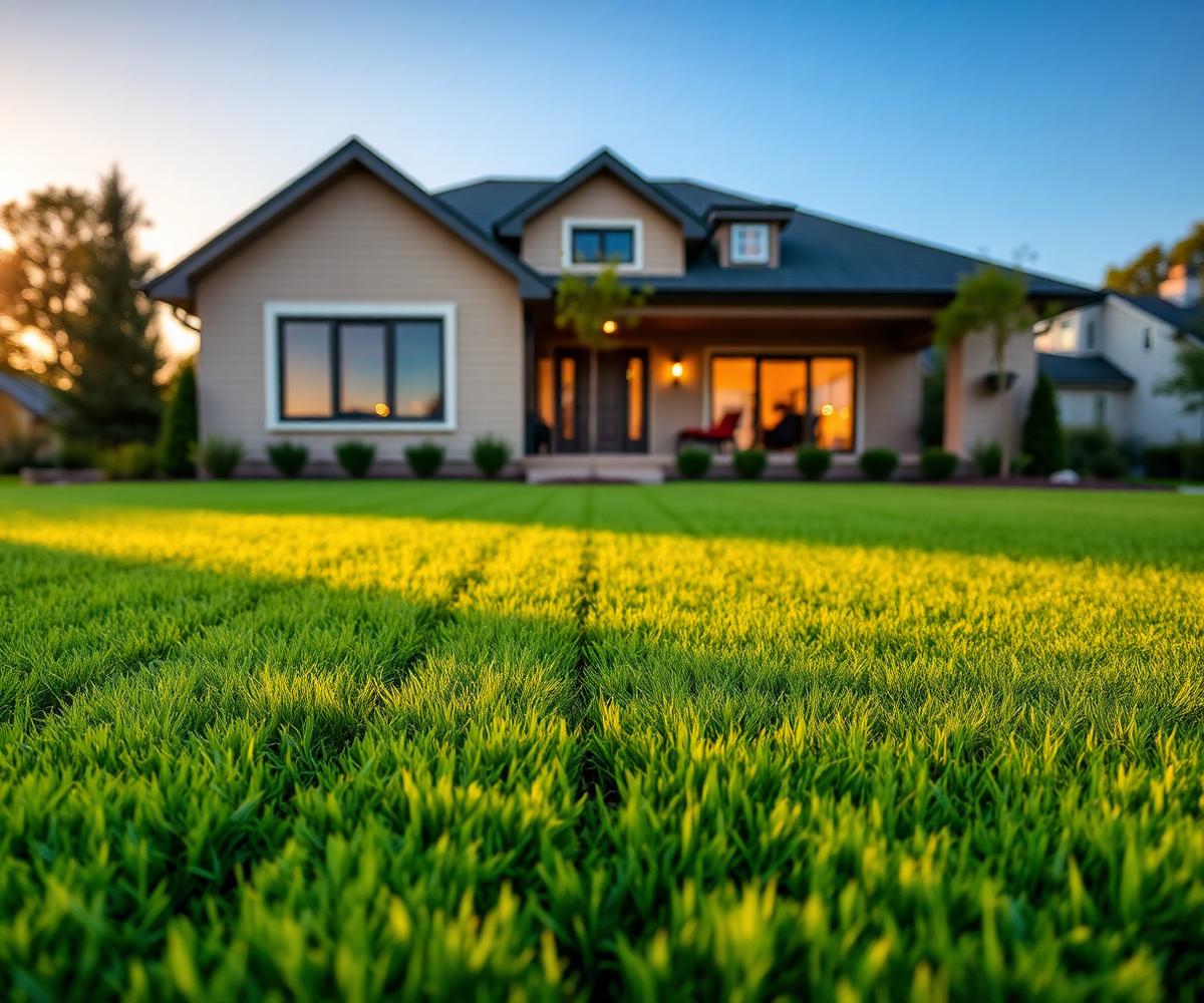 Freshly striped lawn in front of a home, representing a local lawn care website