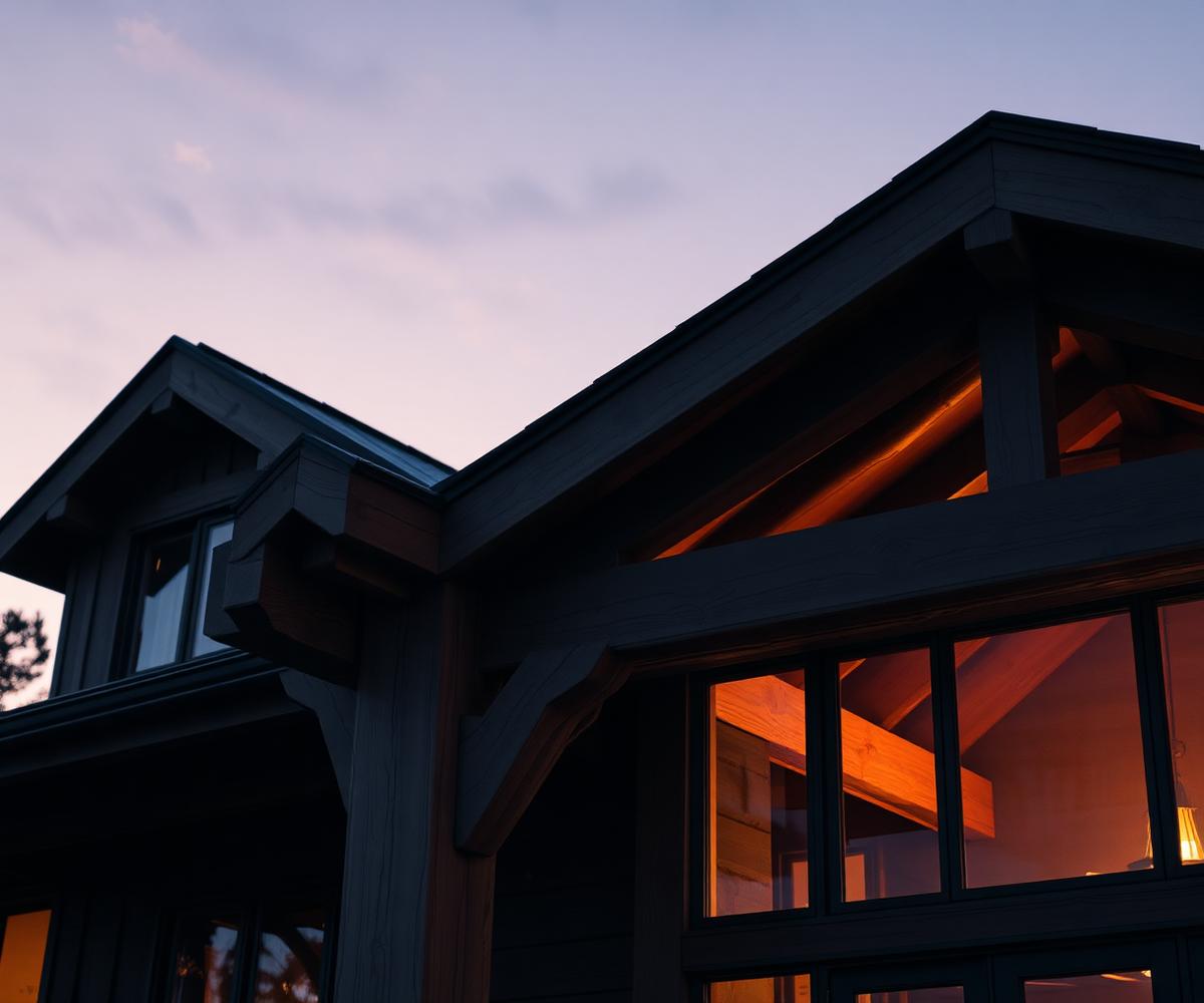 Timber frame home construction detail at dusk