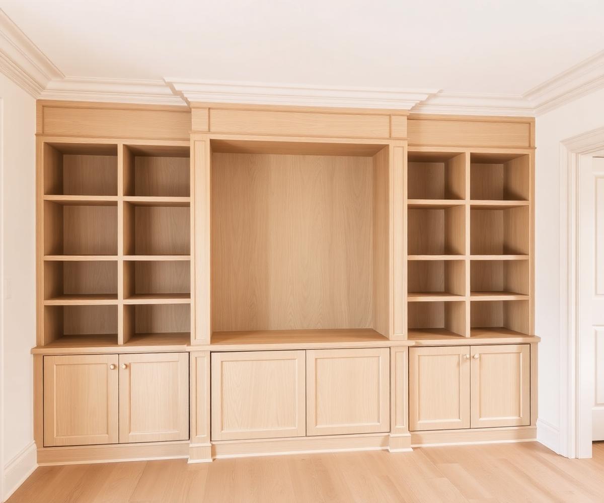 Custom built-in white oak shelving and cabinetry