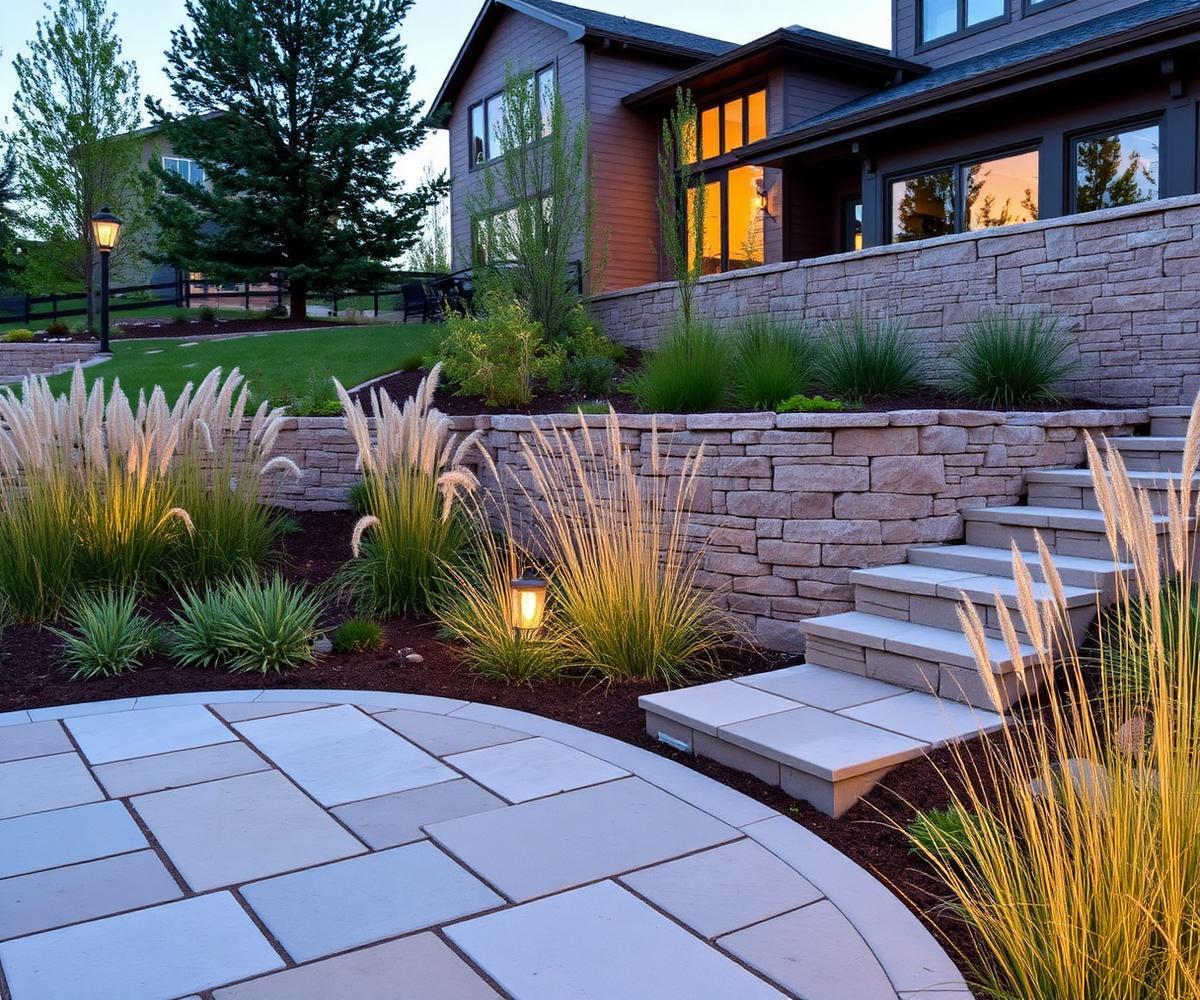 Stone retaining wall, flagstone patio and native grasses in a Colorado yard