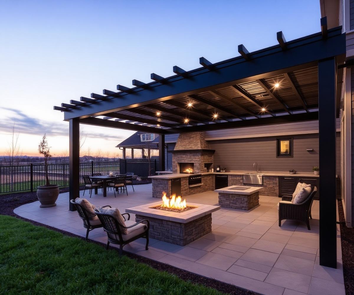 Outdoor living space with steel pergola, fire feature and stone hardscape