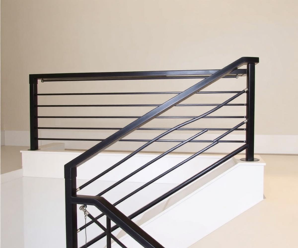 Custom blackened steel stair railing with horizontal bars
