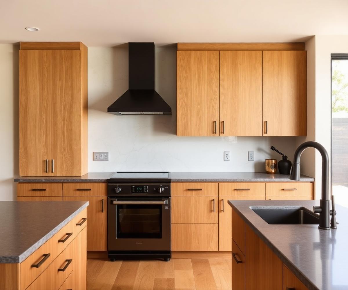 Renovated kitchen with oak cabinetry, stone counters and matte black fixtures