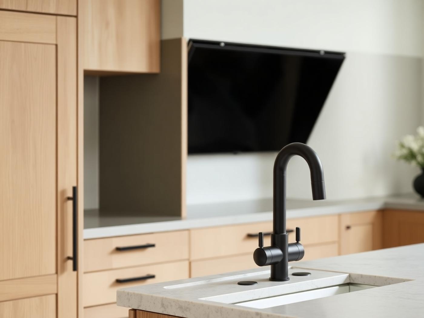 Detail of stone countertop meeting oak cabinetry