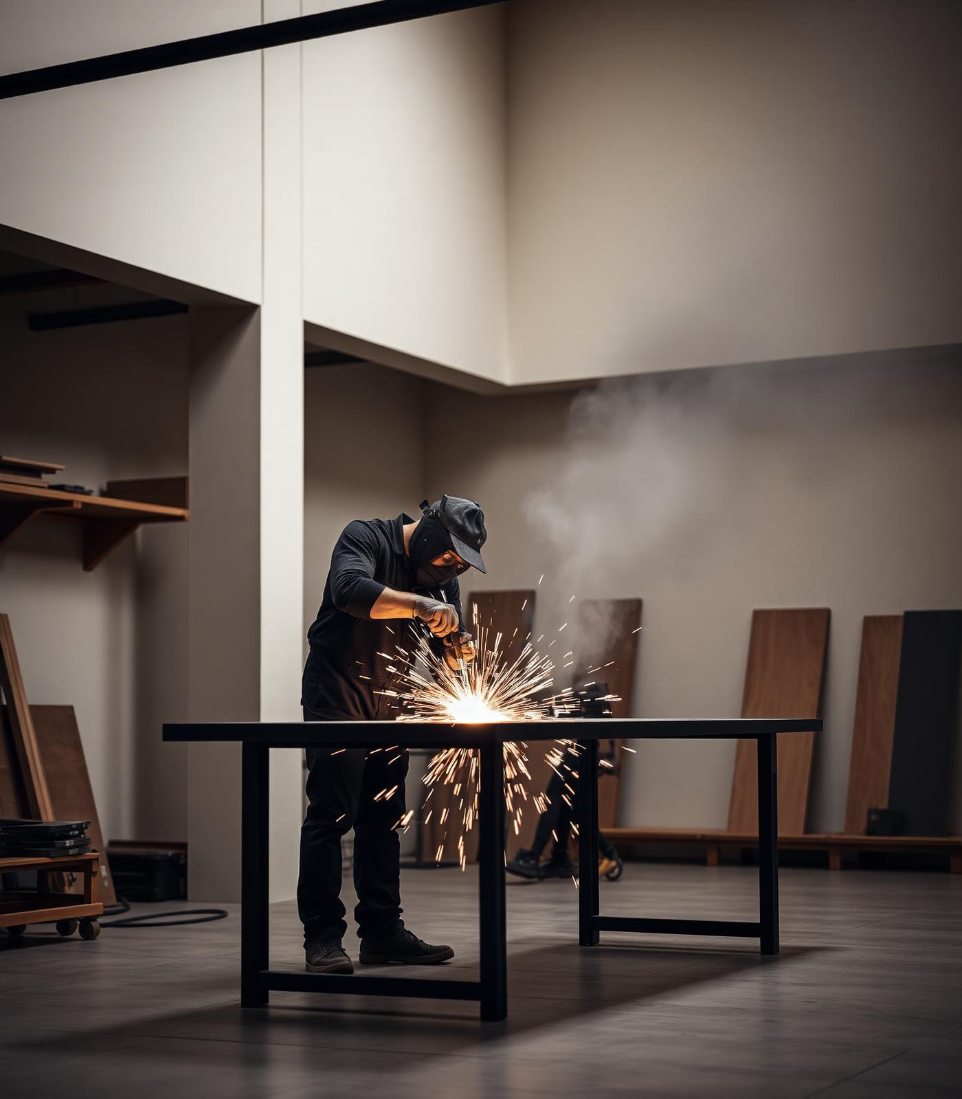Custom steel table fabrication and welding in a Colorado workshop